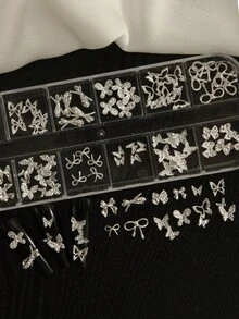 綜合蝴蝶結銀色水鑽合金美甲裝飾，女性奢華美甲配件指甲飾品 - 彩色 - 查看 10
