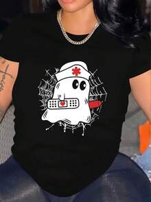 Camiseta de las mujeres de la enfermera de dibujos animados de Halloween patrón - Tamaño más manga corta cuello redondo Top casual, con una Cruz Roja divertida y diseño del corazón, hecha de tela elástica transpirable adecuada para la primavera, el verano y el otoño, lavable en la máquina - Negro - Ver 2