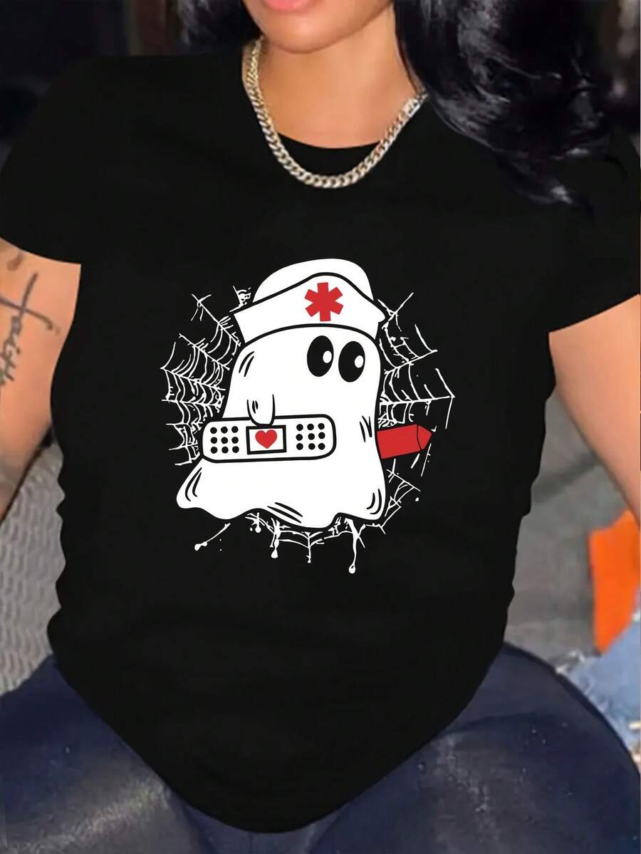 Camiseta de las mujeres de la enfermera de dibujos animados de Halloween patrón - Tamaño más manga corta cuello redondo Top casual, con una Cruz Roja divertida y diseño del corazón, hecha de tela elástica transpirable adecuada para la primavera, el verano y el otoño, lavable en la máquina
