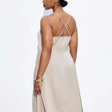 Maija Plus Size Apricot Draped Neck Satin Shiny Elegant Party Slip Dress, Outfit Deas For Fashionable For Business Casual Spring To Summer Spring Outfit Womenvalentine's Day Carnival Fasching Women Costume Party Beach Wedding Vacation Casual Women Easter Summer Outfits Easter Dress Women Party Top Beach Dress Summer Holiday Outfits Each Vacation Outfits For Women  Summer Outfit For Women Going Out Outfits Graduation Graduation Outfit  Casual Dresses  Casual Blouses For Women Elegant Women's Blou - Albaricoque - Ver 9