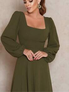 NM Nama Marie Long Sleeve Square Neckline Long Dress - 橄欖綠 - 查看 4