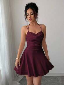 Vestido rosa color sexy con espalda descubierta y sin mangas, con pliegues, ideal para cumpleaños, conciertos, citas nocturnas, verano, fiestas de piscina y graduación - Color caoba - Ver 4
