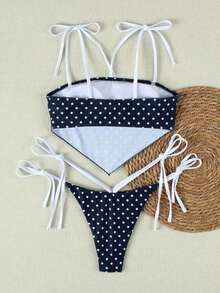 Nuevo traje de baño tipo bikini elegante y sexy con estampado floral verde en estilo bohemio con lazos, estampado floral vibrante con ribete en contraste, conjunto de bikini para fiesta en la playa y vacaciones - Multicolor 5 - Ver 3