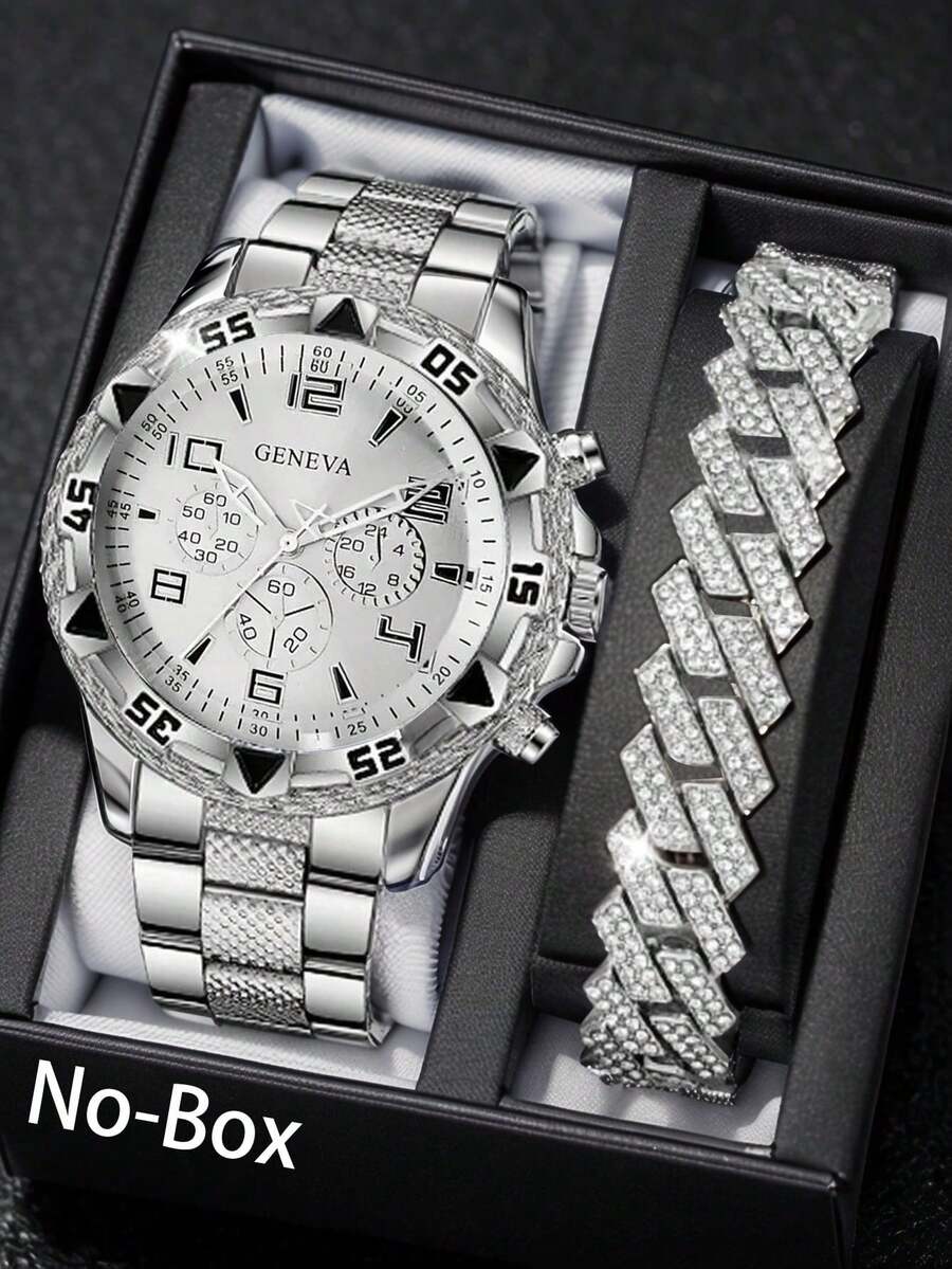 2 Pieces/Set Men's Business Fashion Watch Set, Three-Eye Large Dial, Silver Strap, Fashionable Cuban Bracelet Full Of Silver Diamonds, No Delivery Box - Silver - View 1