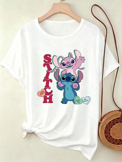 Disney Vestido camiseta de mujer de manga corta con cuello redondo y estampado de dibujos animados de verano, ligeramente elástico, no transparente, material de fácil cuidado, adecuado para uso diario, vestido camiseta de moda para mujer, ropa casual