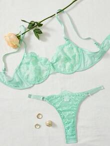 Classic Lace Lingerie, Sexy Low-Rise Underwire Lace Simple Two-Piece Set - Mint Green - View 5