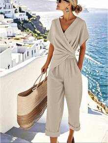 A Set Of Fashionable Multi-Color Jumpsuit Women's V-Neck Twisted Nine Inch Wide Leg Commuting Vacation Jumpsuit - Beige + Black - View 2