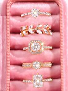 5pcs Exquisite Elegant Luxury Design Rhinestone Leaf Rings Set, Fashionable Jewelry Suitable For Wedding, Party, Holiday Gift And Bride Wear - Multicolor - View 7