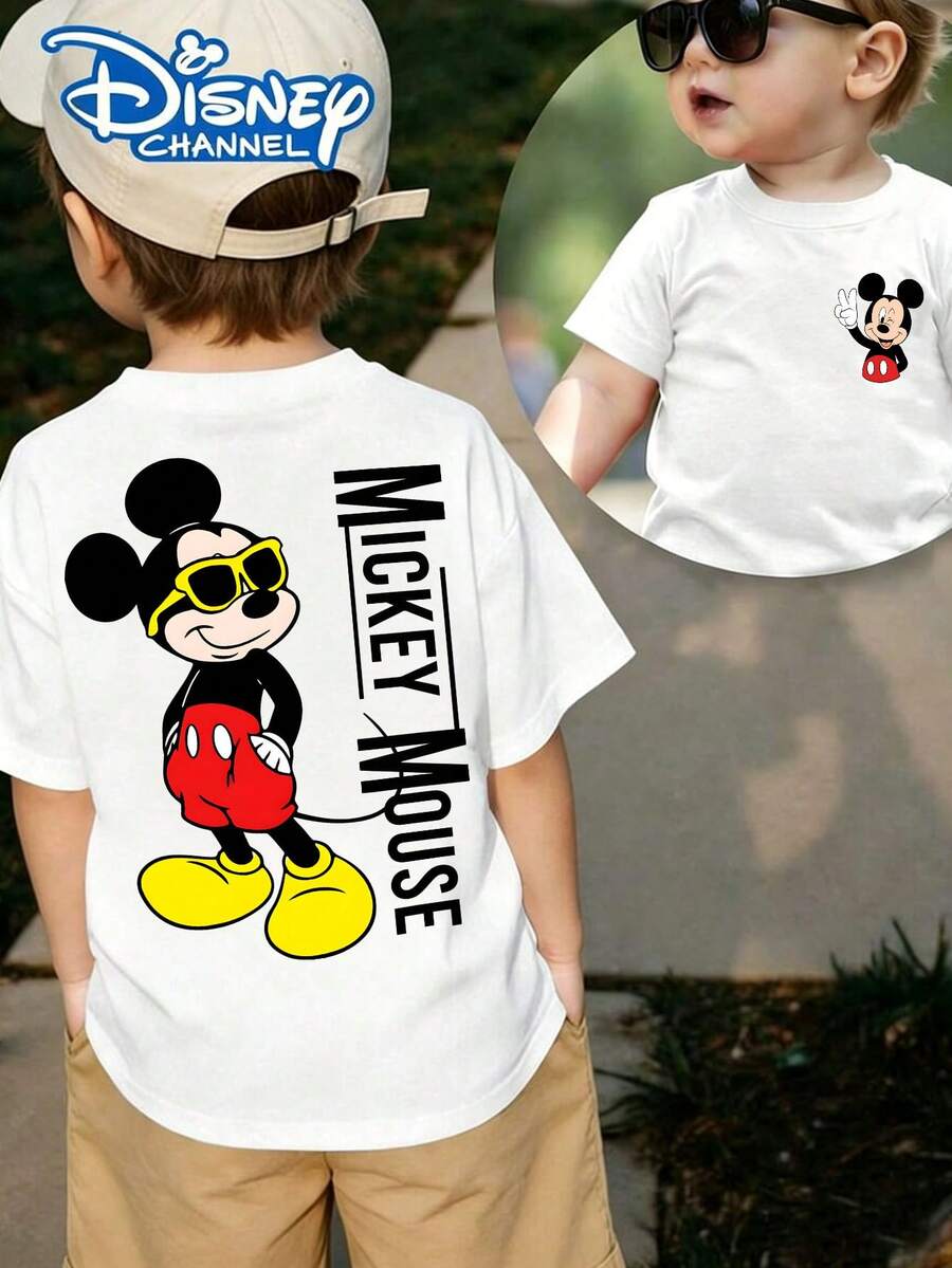 Disney Licensed Cool Mickey Mouse With Sunglasses "MICKEY MOUSE" Double-Sided Print Kids' T-Shirt, Eye-Catching Street Style Tee, Machine Washable, Great For Daily Activities, Playdates, Casual Outings And Everyday Wear, Shipped From Local Warehouse - trắng - Xem 1