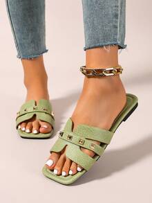 Ximi Ruo New Spring/Summer Fashion Casual Strap Slide Sandals, Comfortable Flat Heel Round Toe Slip-On Beach Slippers, Versatile Decorative Flat Sandals For Summer - Lime Green - View 5