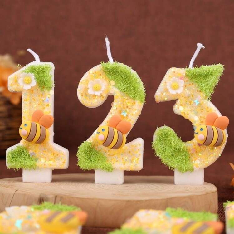 1支绿色和黄色蜜蜂及数字0-9生日蜡烛，手工制作，草地和闪光主题派对蛋糕装饰，生日庆祝氛围蜡烛 - 查看 5