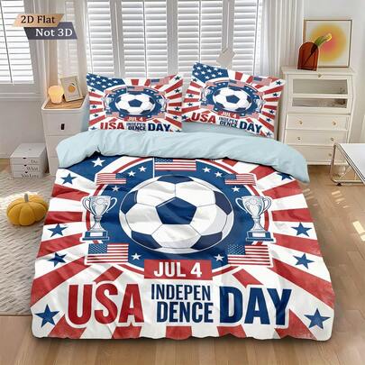 Bộ ga trải giường họa tiết bóng đá xanh đỏ kỷ niệm Ngày Độc lập World Cup, gồm 1 vỏ chăn và 2 vỏ gối (không kèm ruột chăn), công nghệ nhuộm độ nét cao, chất liệu 100% polyester, cỡ giường đôi rộng rãi, thoải mái và mềm mại, có khóa kéo, có thể giặt máy, phù hợp cho phòng ngủ gia đình, phòng khách, du lịch cắm trại và ký túc xá.