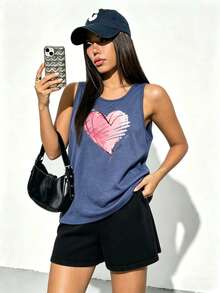 Three-Pack Women's Casual Sporty Style Vintage Fashion Round Neck Short Sleeve T-Shirt With Heart And Floral Print - 藏藍色背心一件-A - 查看 1