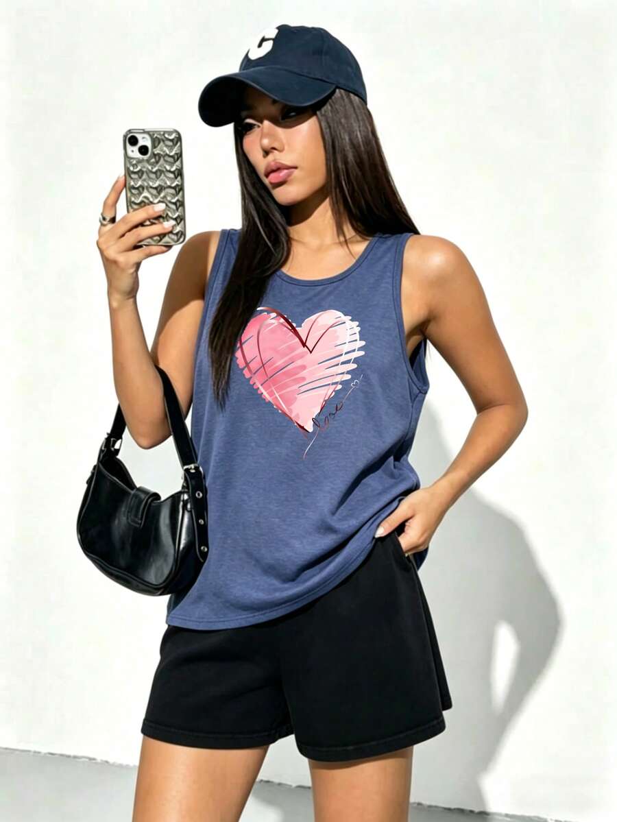 Three-Pack Women's Casual Sporty Style Vintage Fashion Round Neck Short Sleeve T-Shirt With Heart And Floral Print - 藏藍色背心一件-A - 查看 1