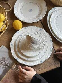 1 Set French Vintage Lace Embossed Blue Snowflake Ceramic Coffee Cup & Saucer, Delicate Floral Dessert Plate, Western Dinnerware, Suitable For Garden Gathering And Tea Time - Multicolor - View 7