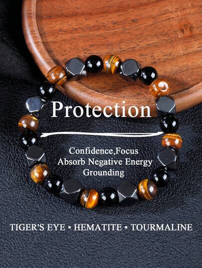 Men's Beaded Protection Bracelet With Tiger Eye, Hematite And Tourmaline, Releasing Negativity, Boosts Self-Assurance & Courage Spiritual Yoga Meditation Jewelry Unisex
