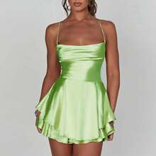 Camisones sexis de seda satinada para mujer, vestido liso con cuello vuelto, monos cortos sin mangas, pelele con lazo cruzado y espalda descubierta para verano - verde esmeralda - Ver 5