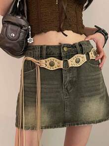 1pc Coffee Color PU Material Women's Bohemian Rivet Tie Waist Belt - Beige - View 1
