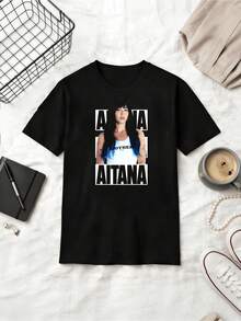 Blue Black Gradient Large Text Portrait Fan Cotton Summer Short Sleeve T-Shirt - Black - View 1