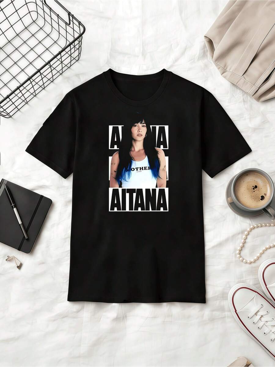 Blue Black Gradient Large Text Portrait Fan Cotton Summer Short Sleeve T-Shirt - Black - View 1
