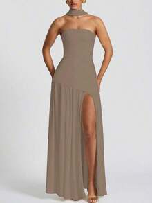 Vestido elegante y sexy de unicolor con abertura, adecuado para fiestas, vacaciones, boda de color marrón primaveral - Caqui - Ver 2