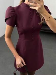 Women's Solid Color Stand Collar Elegant Waist Cinched Midi Dress, Suitable For Party And Outings - Burgundy - View 1