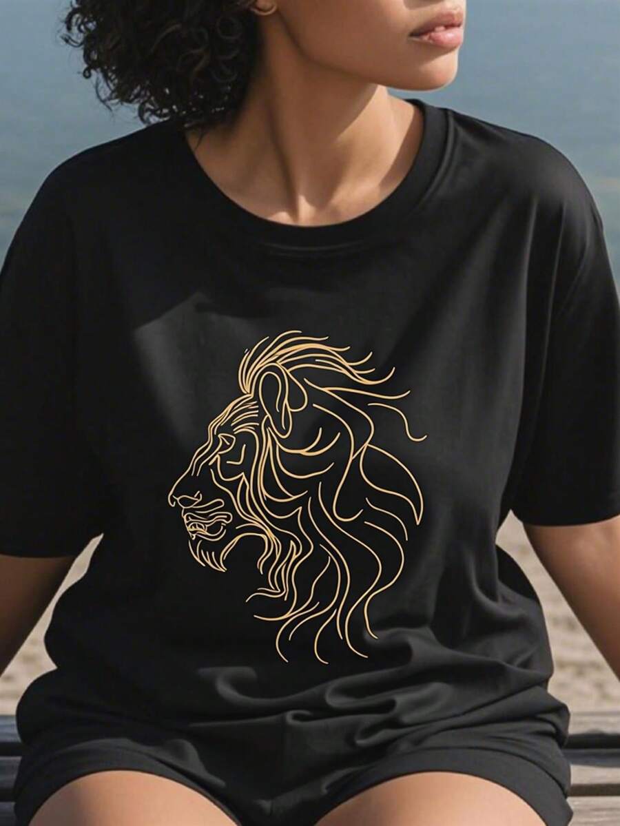 Women's Black And Gold Lion Head Graphic T-Shirt - Soft And Breathable Short Sleeve Crew Neck T-Shirt, Casual Summer And Autumn Top With Stylish Lion Print For Daily Wear, Beach, Cashier Style - All Time Crew Neck T-Shirt - 黑色 - 查看 1