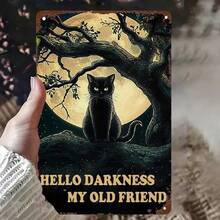 2D Flat - A 2D Flat Metal Wall Art Piece Featuring A Gothic Black Cat And A Full Moon, Measuring 8.0X12.0 Inch. This Vintage Witch-Themed Night Scene Includes The Phrase 'Darkness My Friend' And A Silhouette Of A Black Kitten, For Halloween - 1PC - View 2