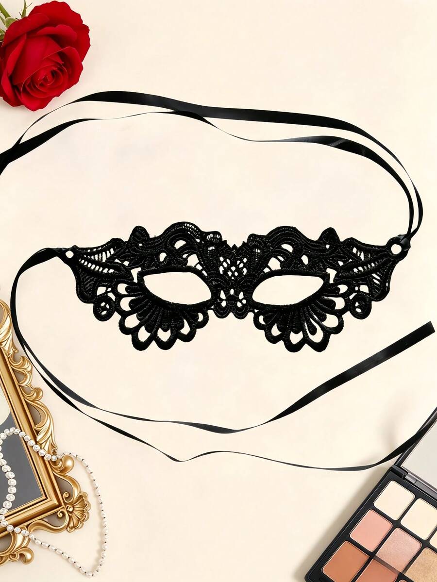 Máscara de Renda Meia Face, Acessório de Mascarada de Halloween para Mulheres, Máscara Preta Sexy para os Olhos - Preto - Visão 1