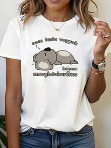 Women's Lazy And Energetic Hungarian Letter Print T-Shirt, Short Neck Sve Crew Casual Top, Alphabet Pattern, Soft And Breathable, Spring And Summer Daily Wear, Minimalist Design, Comfortable And Fashionable, One Size - 白色 - 查看 1