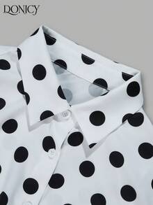 DONICY Women's Solid Color Collared Mid-Sleeve Blouse With Puff Sleeves Design, Loose Fit Retro Style Casual Shirt For Spring, Summer, Autumn, Suitable For Daily Wear, Dates, Business, Office, And Leisure - Black and White - View 6