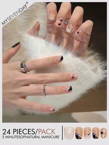 24pcs Short Square Press-On Nails, Cute Contrast Color Heart Design - Multicolor - View 1