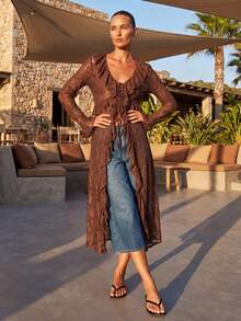 Women Tie Front Cardigan Casual Lightweight Floral Lace Ruffles Long Duster For Streetwear Aesthetic Clothes - Reddish Brown - View 2