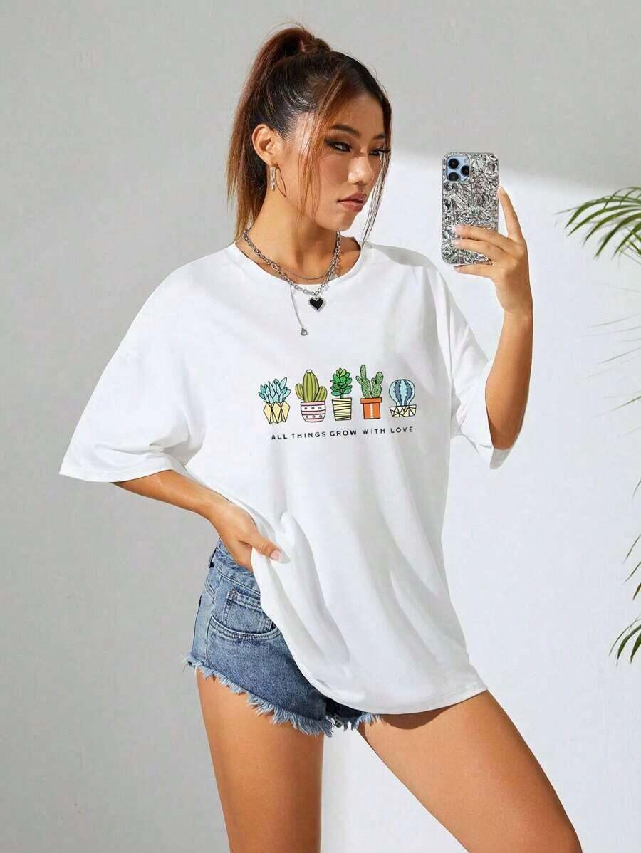 SimpieAndVersatileDesignCamiseta cactus con con estampado de sloganCottonT-Shirt - Blanco - Ver 1