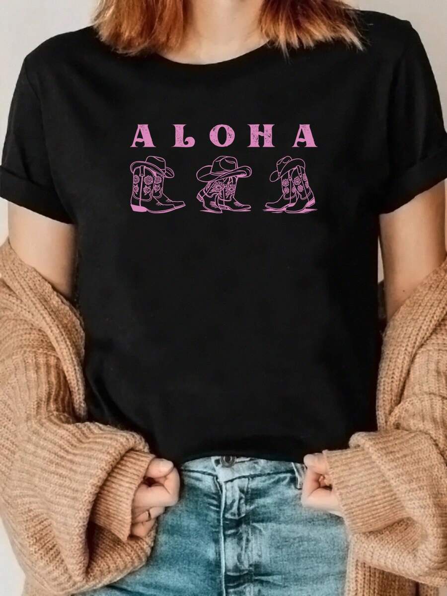 Una nueva camiseta de una sola pieza de primavera y verano con cuello redondo con diseño impreso ALOHA. Esta camisa de manga corta es perfecta para el uso de primavera y verano de las mujeres, adecuada para correr y deportes, combinando moda, elegancia