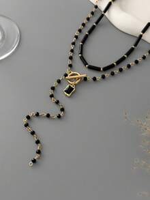 Bộ 2 dây chuyền chữ Y kiểu Gothic cổ điển đính pha lê đen, thiết kế khóa OT thanh lịch, thích hợp cho nữ giới đeo hàng ngày, làm phụ kiện dự tiệc hoặc quà tặng ngày lễ. - màu đen - Xem 5