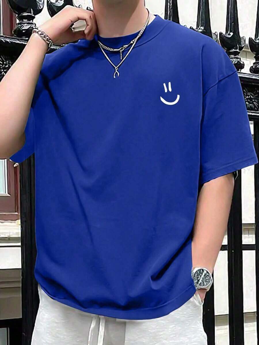Hombres Camiseta de hombros caídos con estampado de expresión - azul real - Ver 1
