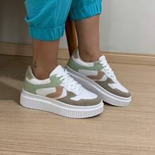 Tênis Feminino Sneakers Chunky Plataforma Sola alta Street Dia  a Dia Casual Confortável Academia Branco/mint/bege - BCO/MINT - Visão 3