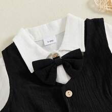 Conjuntos de pantalones de 3 piezas de otoño para bebés niños, conjuntos de pantalones con tirantes y chaleco con solapa y botones de manga larga - Negro - Ver 6