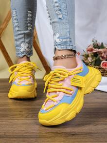 Dopamine Fashion 女款坡跟厚底運動鞋，多色網布拼接，街頭風厚底粗獷運動鞋，四季百搭時尚女鞋 - 粉紅藍黃 - 查看 3
