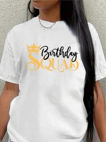 Women's T-Shirt With "Birthday Squad 2026" Crown Print, Short Sleeve, Lightweight And Comfortable, Suitable For Parties, Celebrations, Casual Wear At Home Or In Restaurants, Elegant T-Shirt With Gold Letter Print. - 白色 - 查看 7