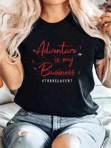 Camiseta gráfica para mujer: cuello redondo casual, mangas cortas, tela elástica, negro con letras vibrantes, ideal para salidas de primavera y verano o uso diario - Negro - Ver 2
