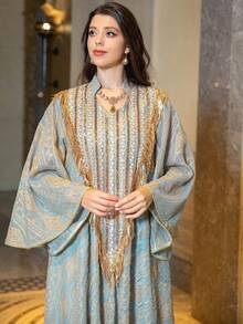 1件女款刺繡領口洋裝，優雅A字版型長袖洋裝，秋季款 - 薄荷綠 - 查看 12