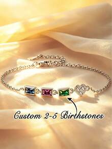 1pc Customized Birthstone Bracelet, Personalized Birthstone Jewelry Gift For Mom, Grandma, Family Birthstone Letter Bracelet, Mother's Day Gift, Expecting Mom Gift - Silver - View 1