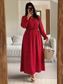 Elegante vestido largo de lunares rojos de manga larga para mujer de talla grande, vestido casual de túnica con cuello redondo para vacaciones - Rojo - Ver 1