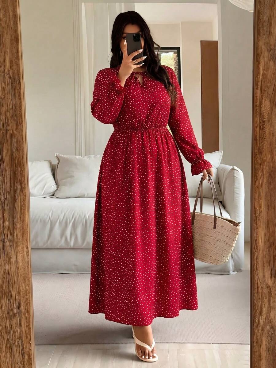 Elegante vestido largo de lunares rojos de manga larga para mujer de talla grande, vestido casual de túnica con cuello redondo para vacaciones - Rojo - Ver 1