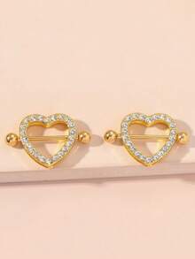 2pcs Rhinestone Heart Shaped Elegant Stainless Steel Nipple Rings, Gift For Women - Gold - View 7
