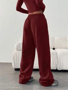 Women's Casual Loose Solid Color Elastic Waist Sweatpants With Pockets Winter - Burgundy - View 4