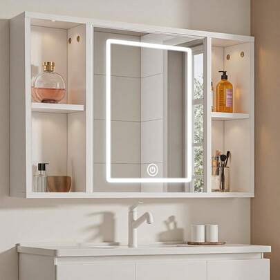 Espejo Para BañO Con Gabinete Y Luz LED, Botiquin BañO Con Espejo, Gabinete Para BañO, 3 Temperaturas De Color, 40.5x60.5cm, 6 Compartimentos Grandes De Almacenamiento