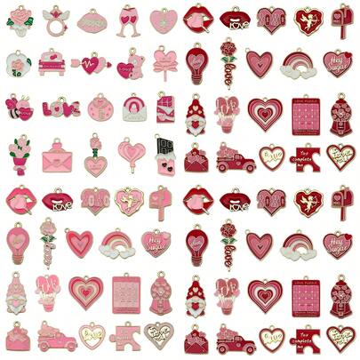 20/30 chiếc mặt dây chuyền men tráng men hỗn hợp chủ đề Ngày Valentine, mạ vàng, hình trái tim, môi, hoa hồng, chữ cái, dùng để làm trang sức DIY, vòng tay, vòng cổ, bông tai.